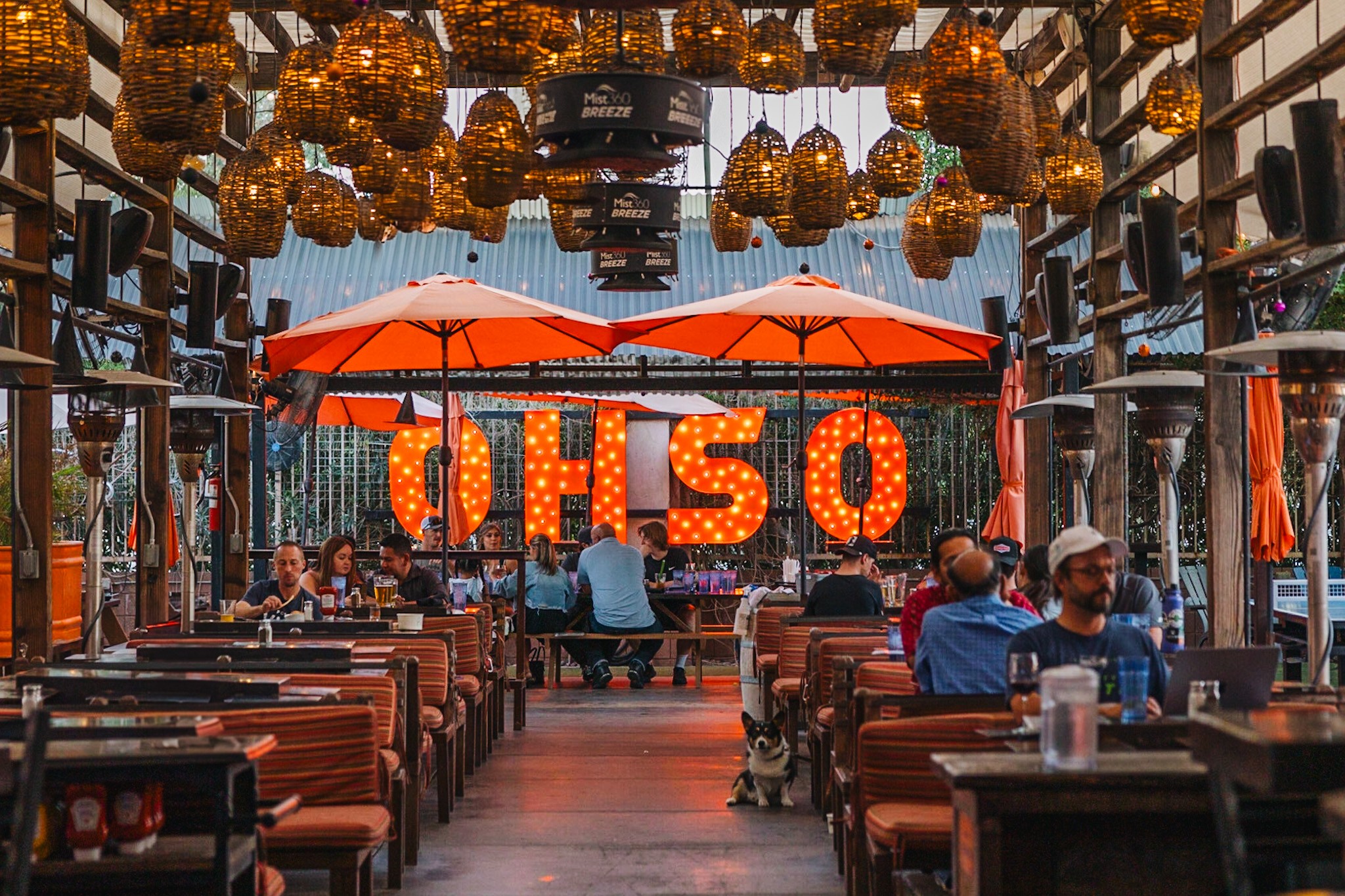 The lantern-lit patio at OHSO Brewery, an Arcadia gathering spot
