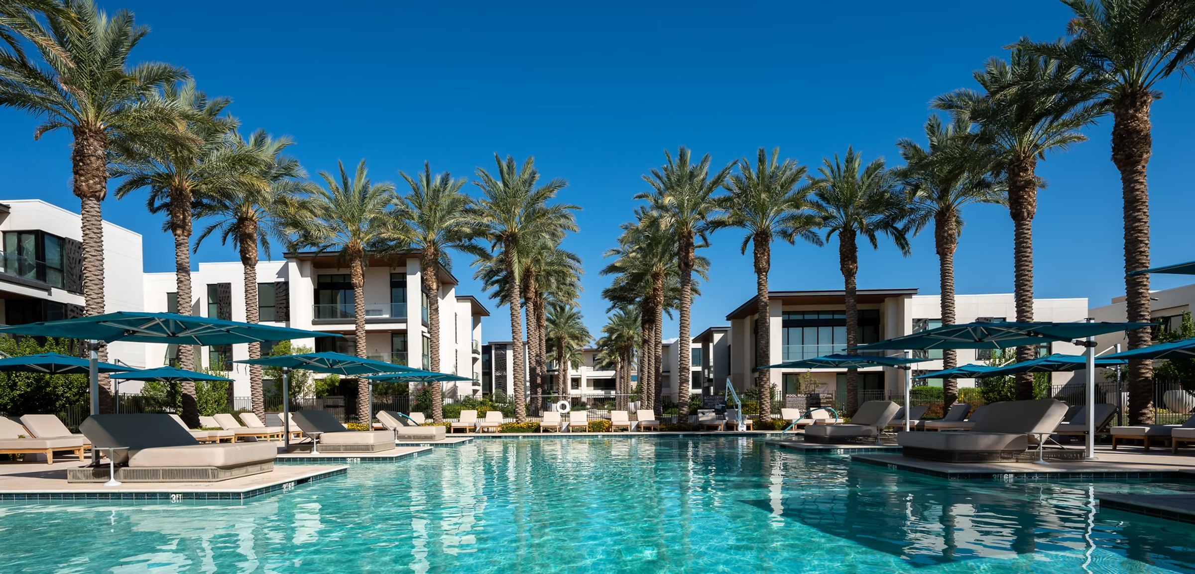 Resort-style community pool lined with palm trees at a luxury residential development